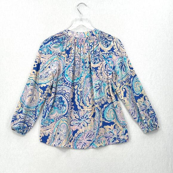 LILLY PULITZER Elsa Printed Silk Blouse Womens XS Blue Pink Long Sleeve Top FLAW - Picture 2 of 12